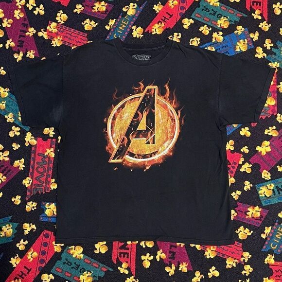 ’13 Avengers Assemble x MAD Engine ‘Flaming A’  Black Graphic Tee Shirt / Size X - Picture 1 of 4